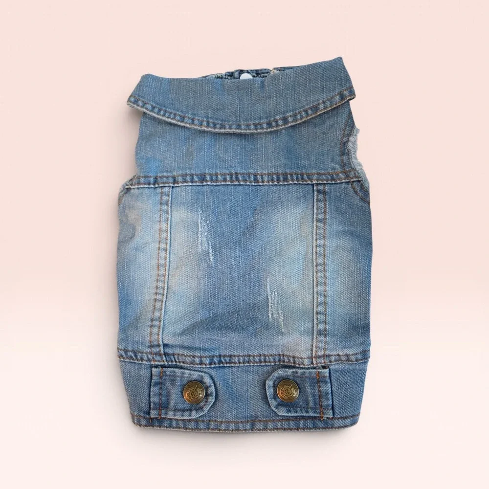 Blue Distressed Denim Pet Vest Dog Cat Jacket Medium Wash Snap Button Front